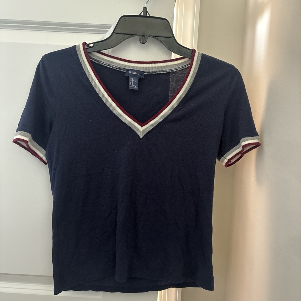 Forever 21 Navy V-Neck Top with Red and White Trim